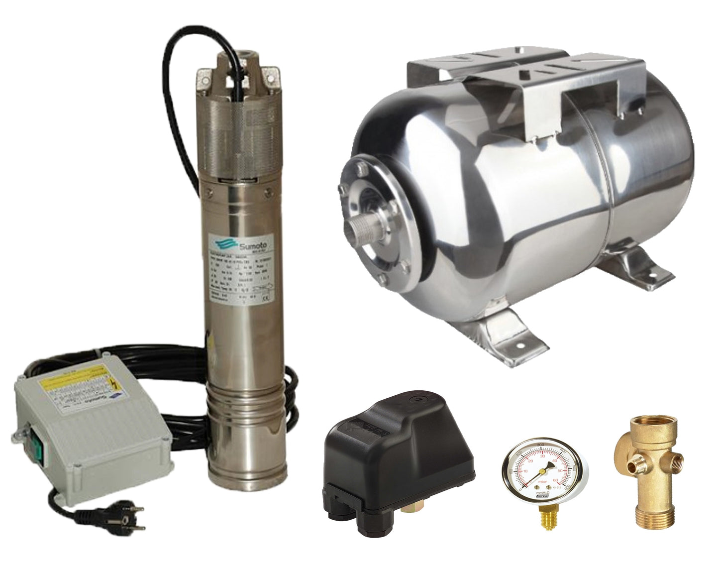 Kit complet sistem hidrofor, pompa submersibila SUMOTO ONKM150/24, rezervor de 24 litri din inox, presostat, racord 5 cai, manometru, SM0071/24I
