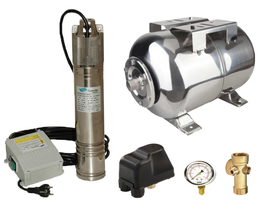 Kit complet sistem hidrofor, pompa submersibila SUMOTO ONKM150/24, rezervor de 24 litri din inox, presostat, racord 5 cai, manometru, SM0071/24I
