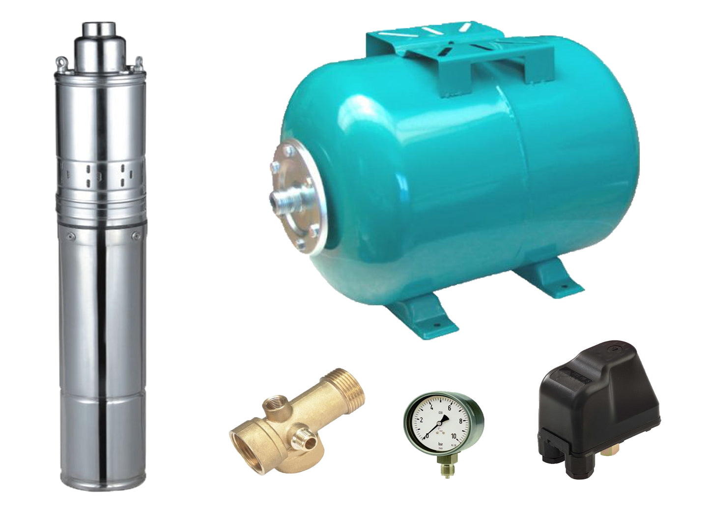 Kit complet sistem hidrofor, pompa submersibila cu surub APC 4QGD 0.37/100, rezervor de 100 litri, presostat, racord 5 cai, manometru, 03031003/100