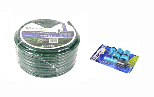 Kit irigare pentru gradina, 3/4 "50m, 3 straturi, GEKO STANDARD + accesorii 4 piese, 3/4", Geko Blue Line