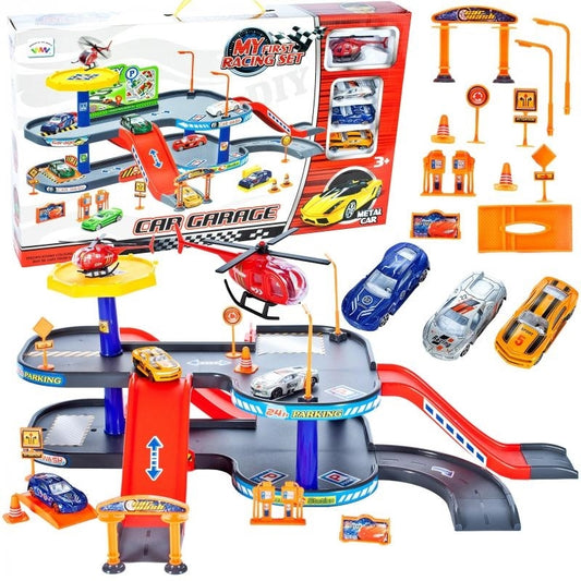 Parking piętrowy z autami i helikopterem