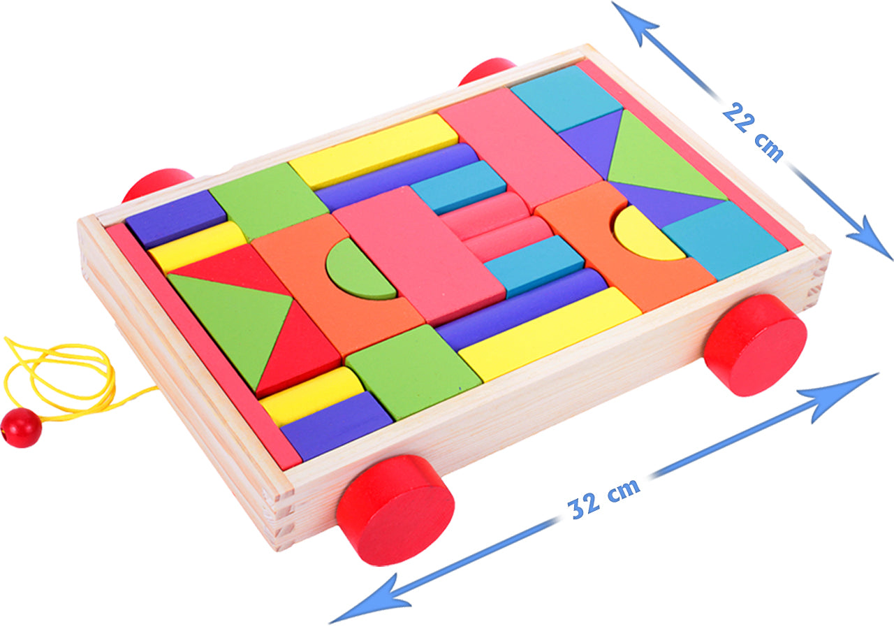Blocuri de lemn colorate 30 de elemente + carucior, Malplay 101068