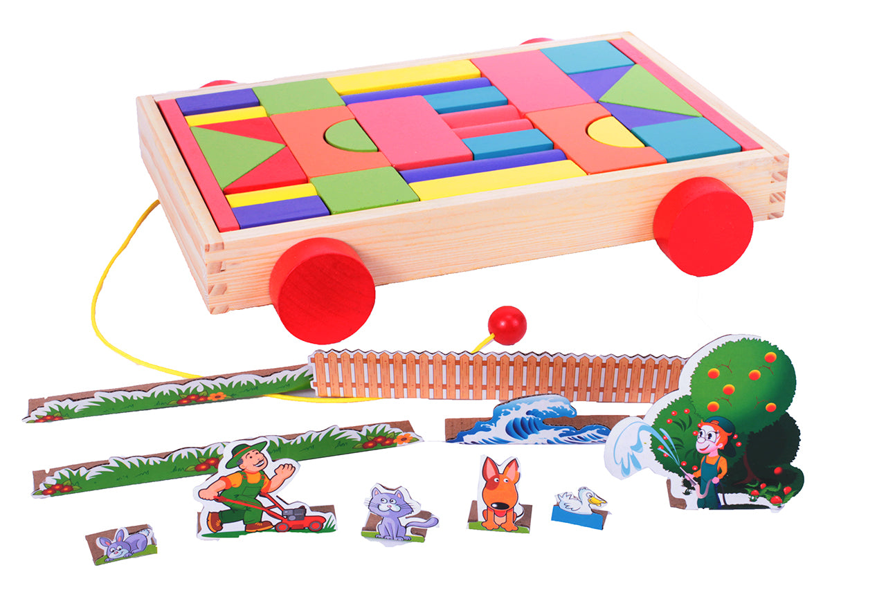 Blocuri de lemn colorate 30 de elemente + carucior, Malplay 101068