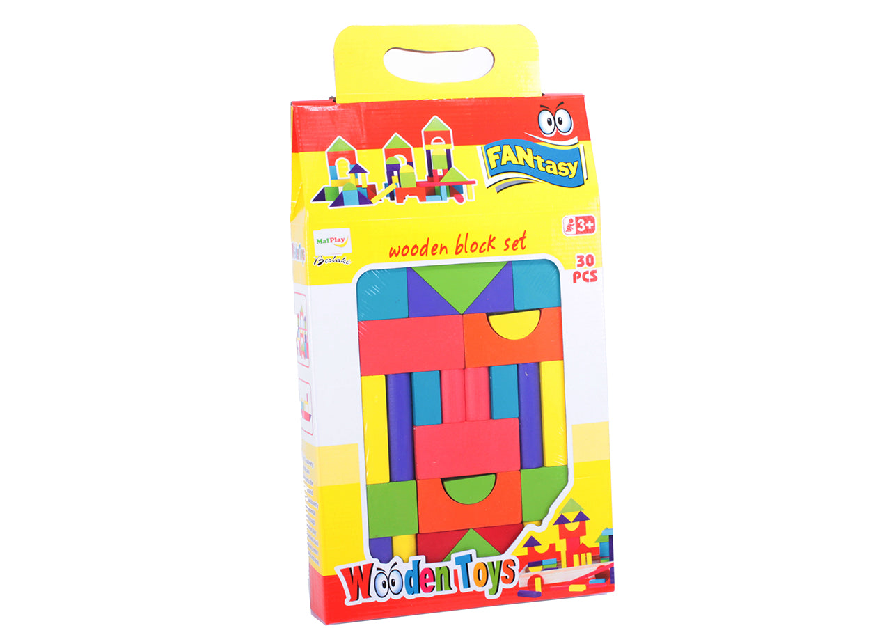 Blocuri de lemn colorate 30 de elemente + carucior, Malplay 101068