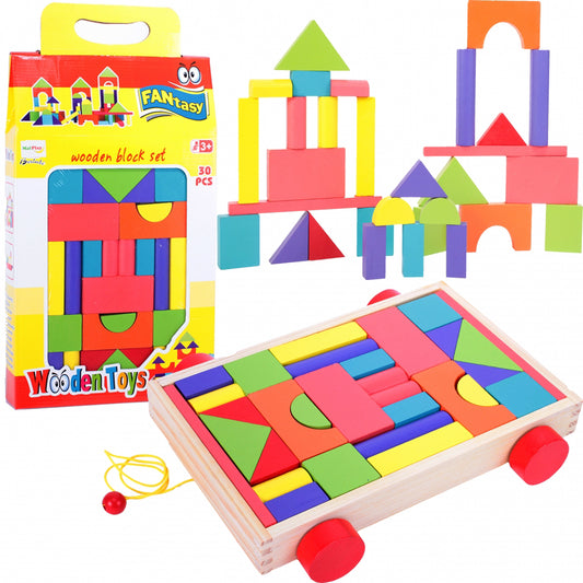 Blocuri de lemn colorate 30 de elemente + carucior, Malplay 101068