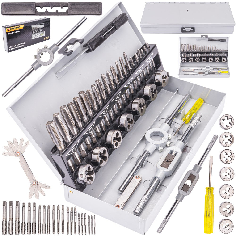 Set de tarozi si filiere M3-M12, 32 elemente, Powermat PM-ZNG-32SU