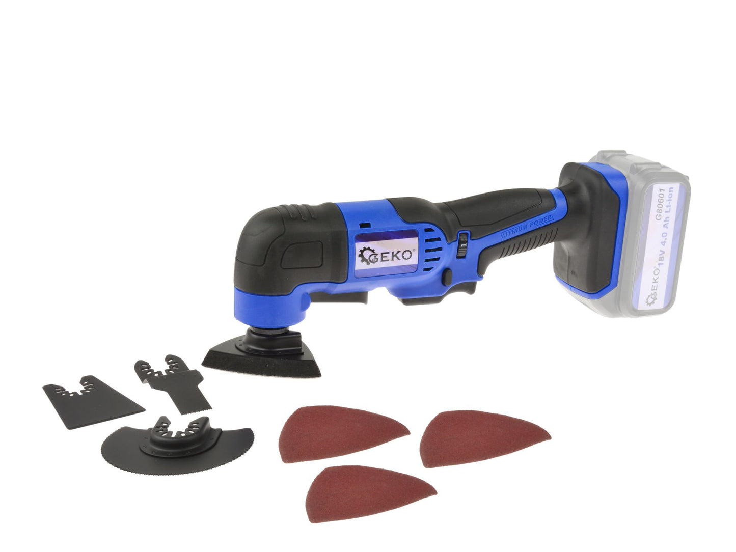 Set unealta multifunctionala cu accesorii, acumulator 4Ah, incarcator 18 V, Geko G80617-4
