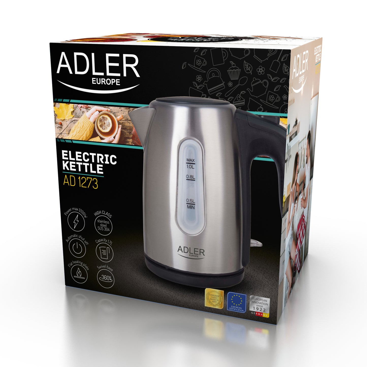 Fierbator electric din metal, 1 l, 1630 W, argintiu, Adler AD1273