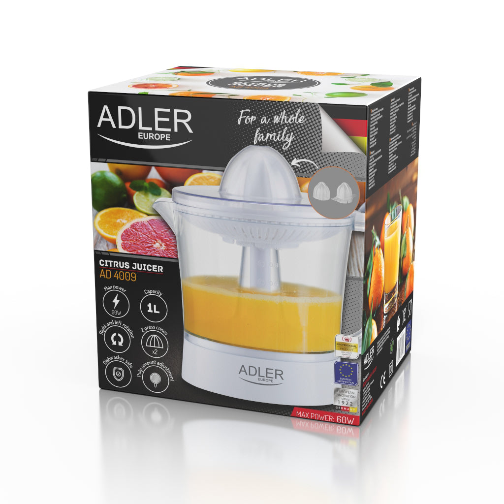 Storcator de citrice, 60 W, 1 l, 2 conuri, Functie de pornire/oprire automata, Alb, Adler AD4009