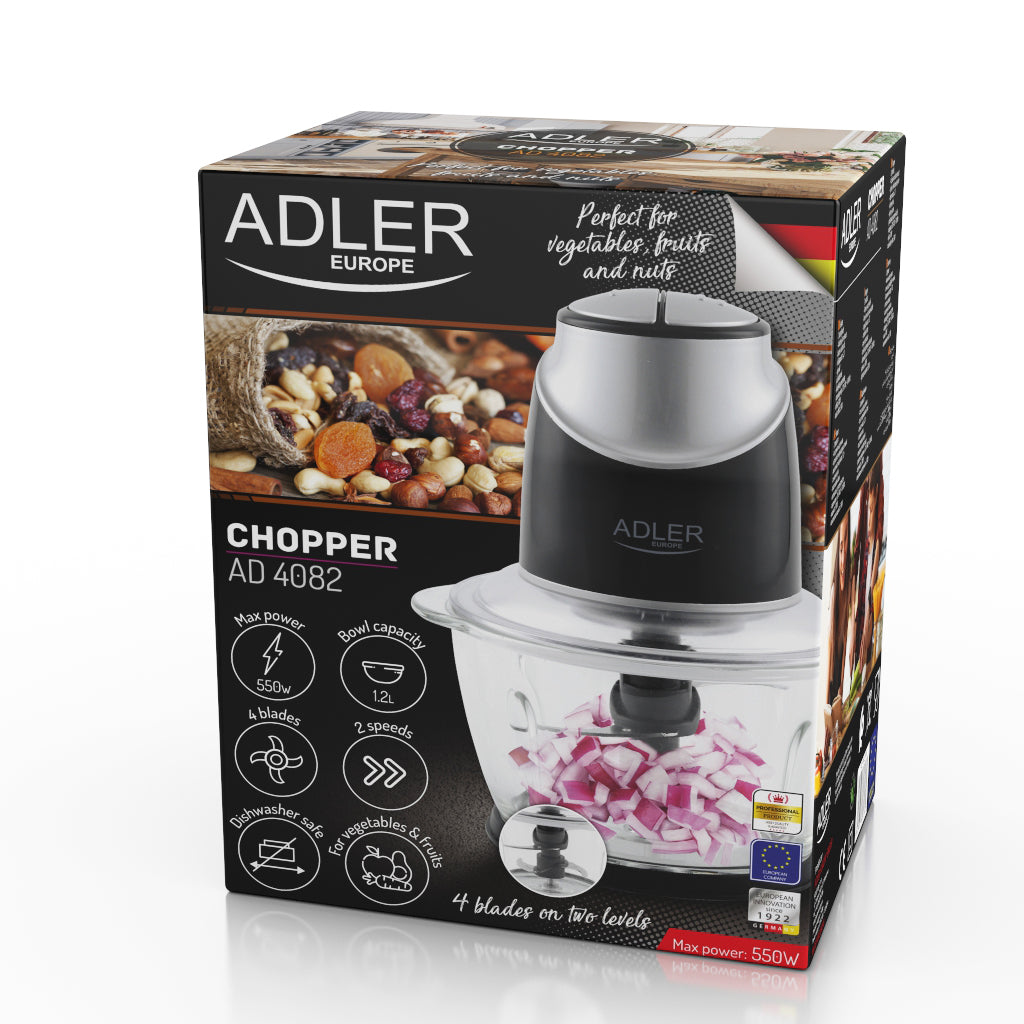 Tocator electric de legume, 2 trepte, sticla, 1.2 l, negru, Adler AD4082