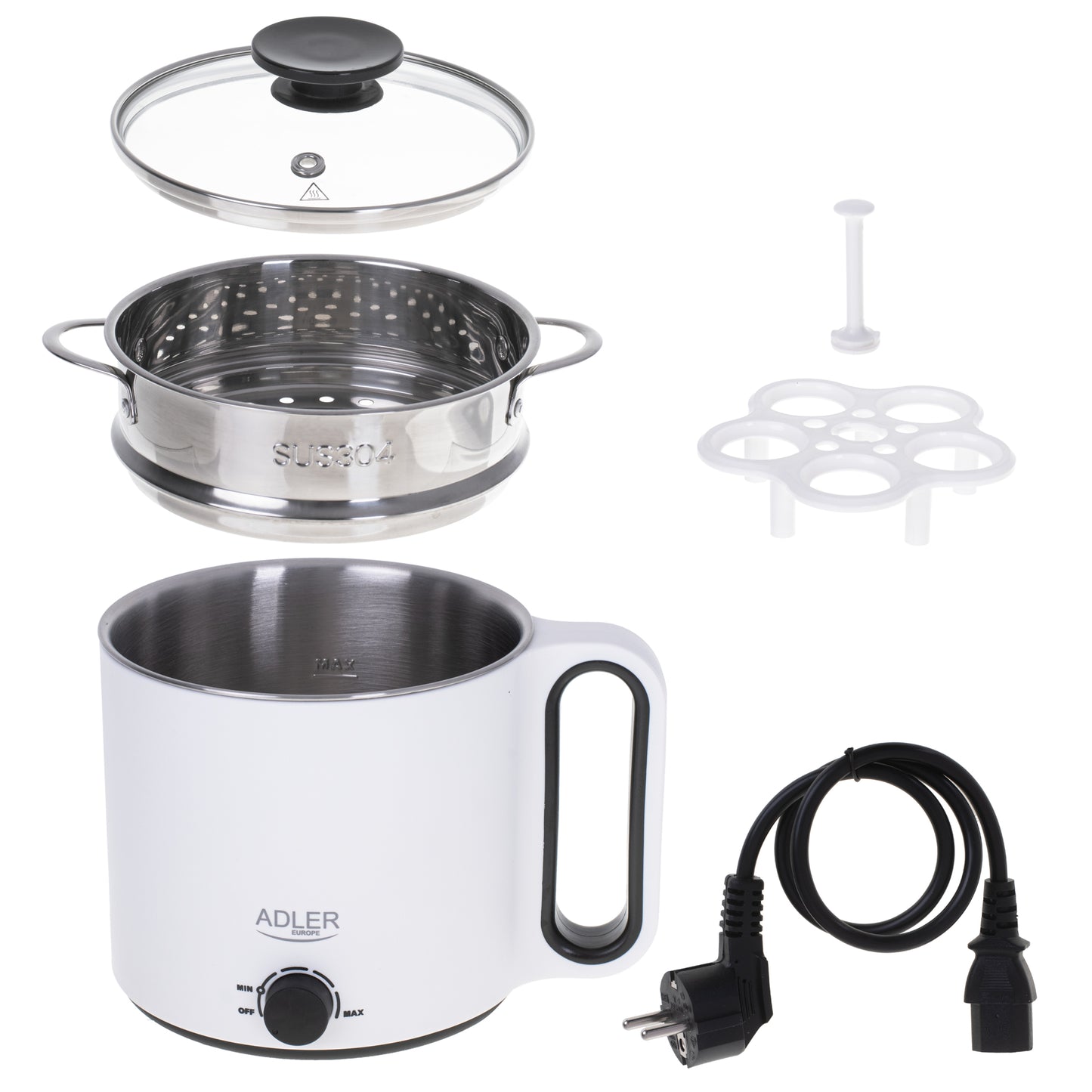 Oala electrica 5 in 1, 900 W, 1.9 l, capac sticl, 5 functii, mentinere la cald, alb, Adler AD6417