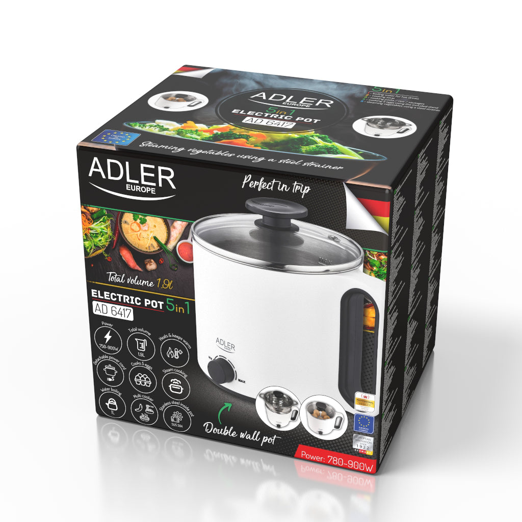 Oala electrica 5 in 1, 900 W, 1.9 l, capac sticl, 5 functii, mentinere la cald, alb, Adler AD6417