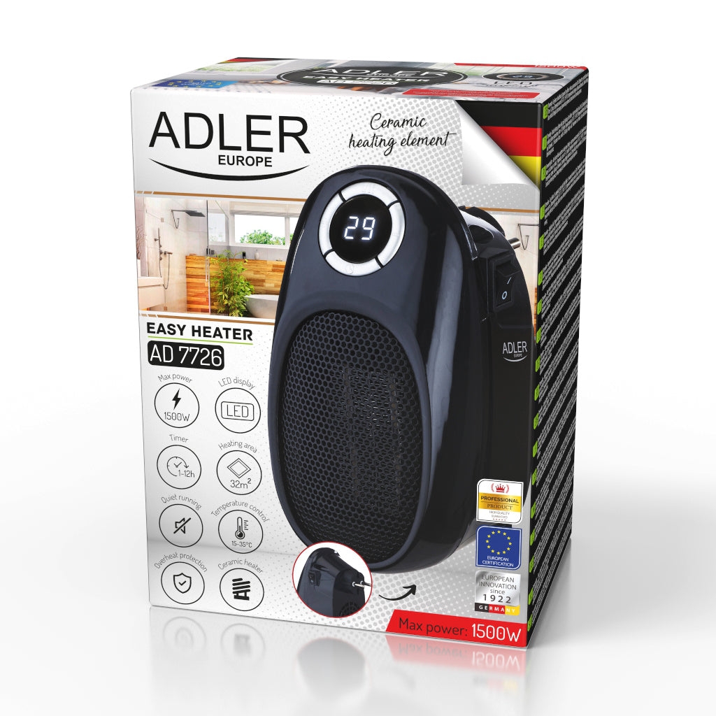 Mini aeroterma, 2 trepte de viteza, LCD, temporizator, 1500 W, negru, Adler AD7726