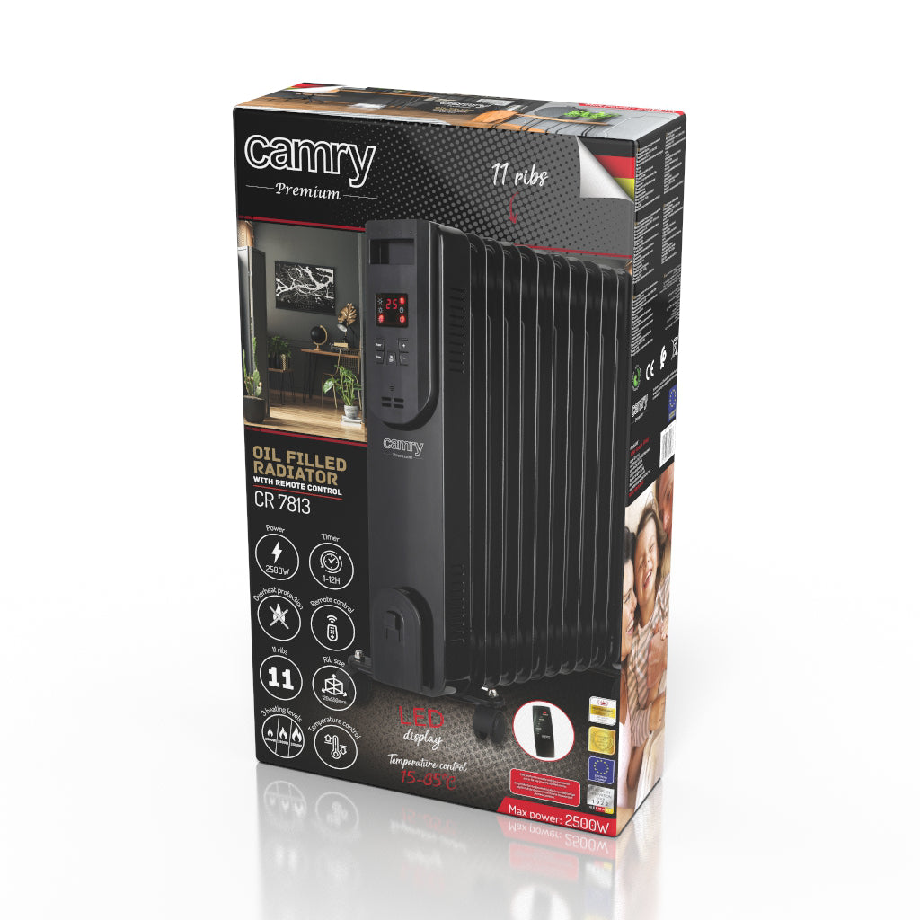 Calorifer electric cu ulei, 11 elementi, 2500 W, telecomanda, display LED, protectie supraincalzire, negru, Camry CR7813