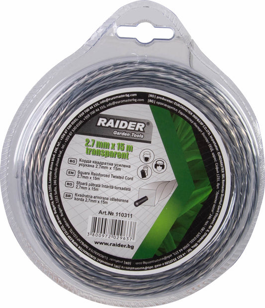 Fir patrat rasucit pentru motocoase, 2.7 mm x 15 m, transparent, Raider Garden Tools  110311