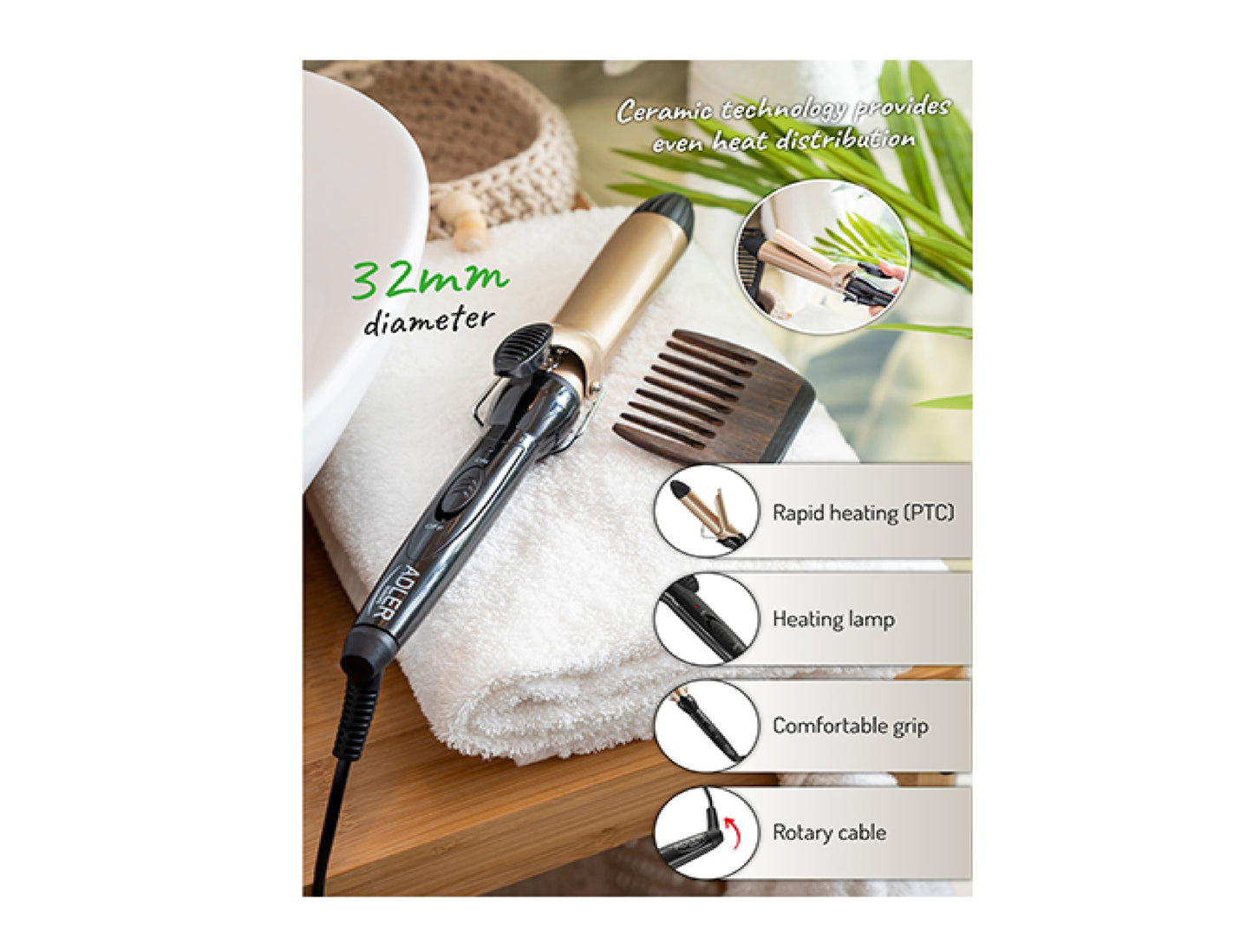 Ondulator din ceramica, 120 W, diametru 32 mm, deconectare automata, protectie impotriva supraincalzirii, Adler AD2112