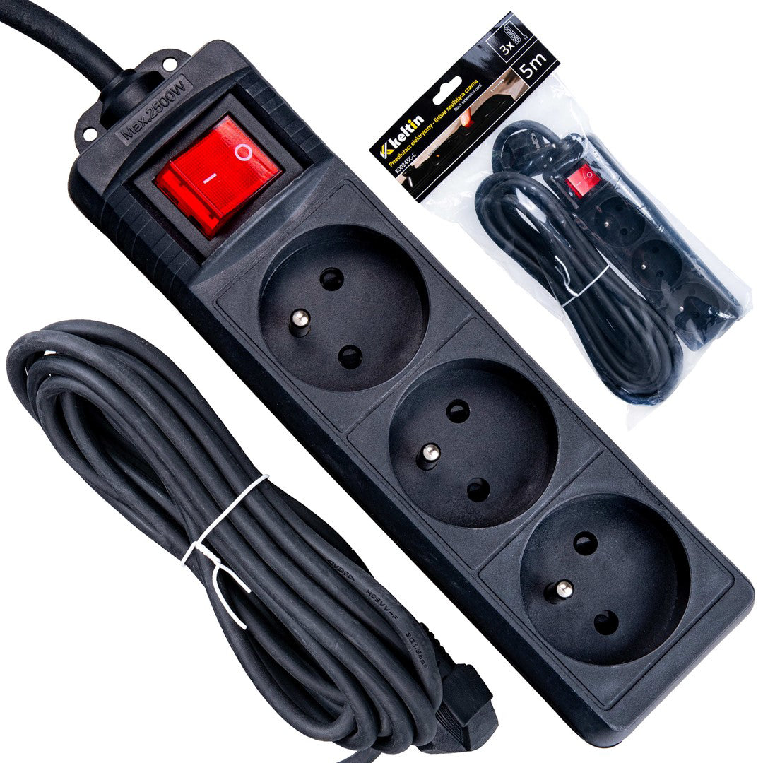 Prelungitor electric cu 3 prize, 5 m, negru, Keltin K00245C-C