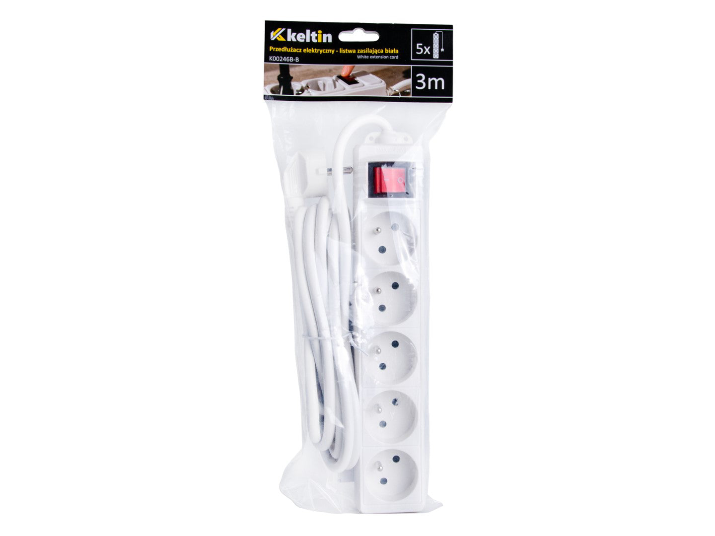 Prelungitor electric cu 5 prize, 3 m, alb, Keltin K00246B-B