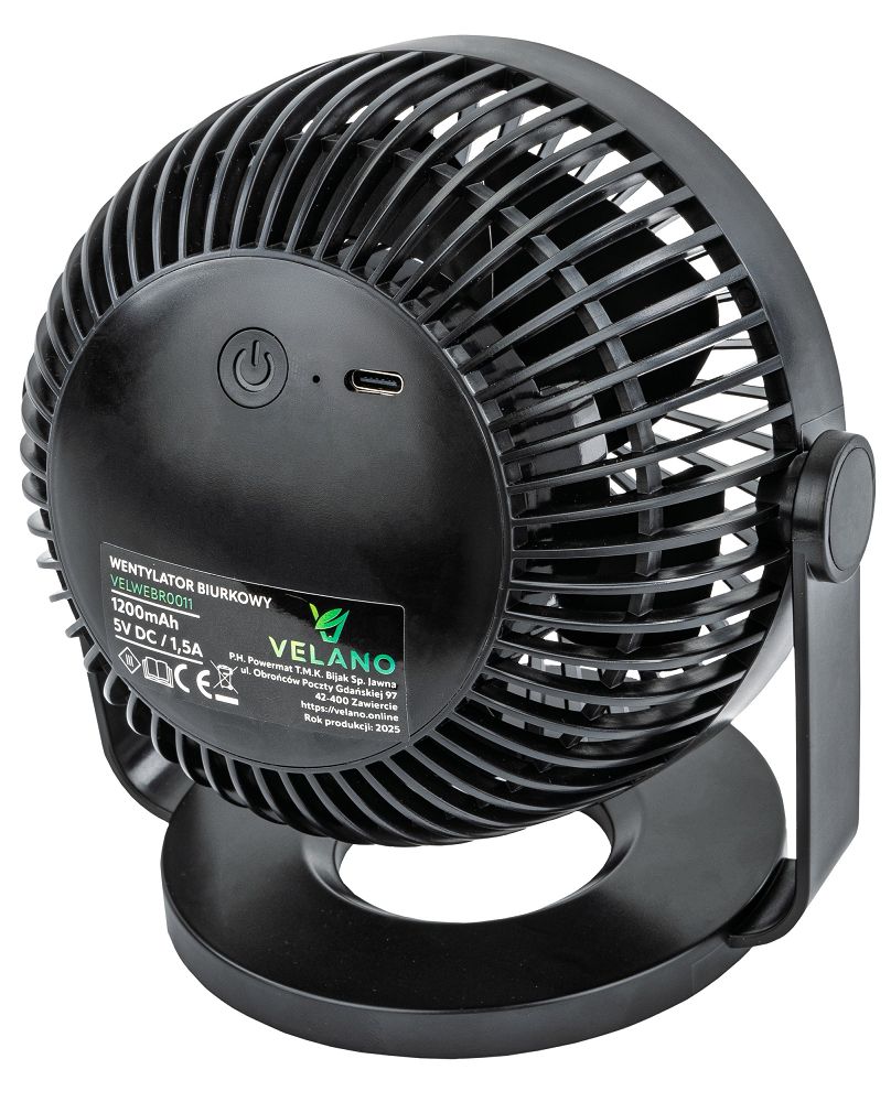 Ventilator de birou cu baterii Velano, negru, 1200 mAh, Powermat VELWEBS0011