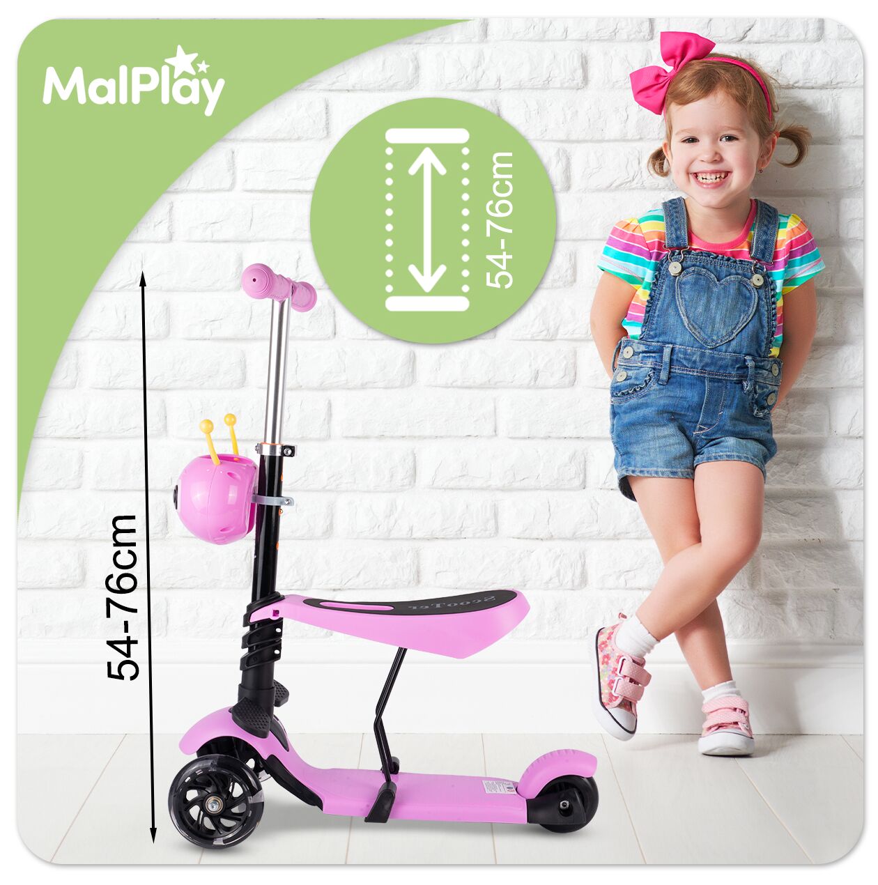 Trotineta cu 3 roti cu scaun si cos Ladybug, roz, MalPlay 111337