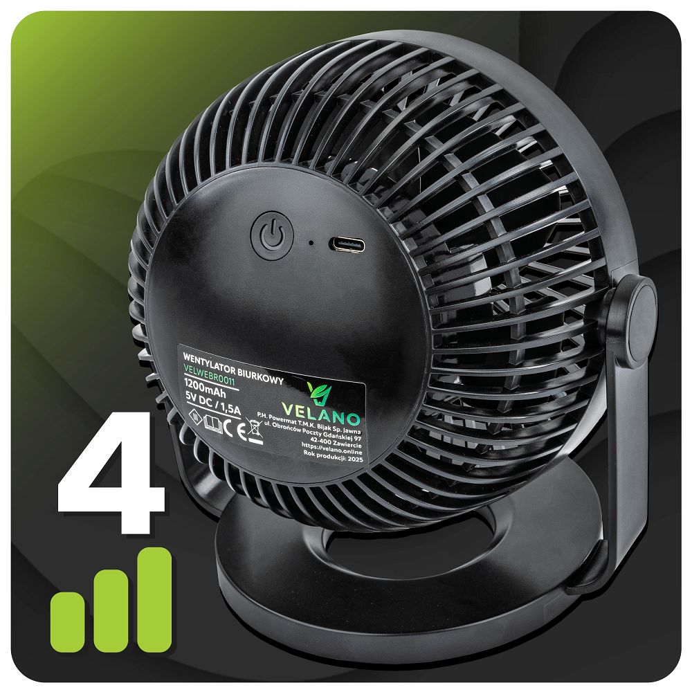 Ventilator de birou cu baterii Velano, negru, 1200 mAh, Powermat VELWEBS0011