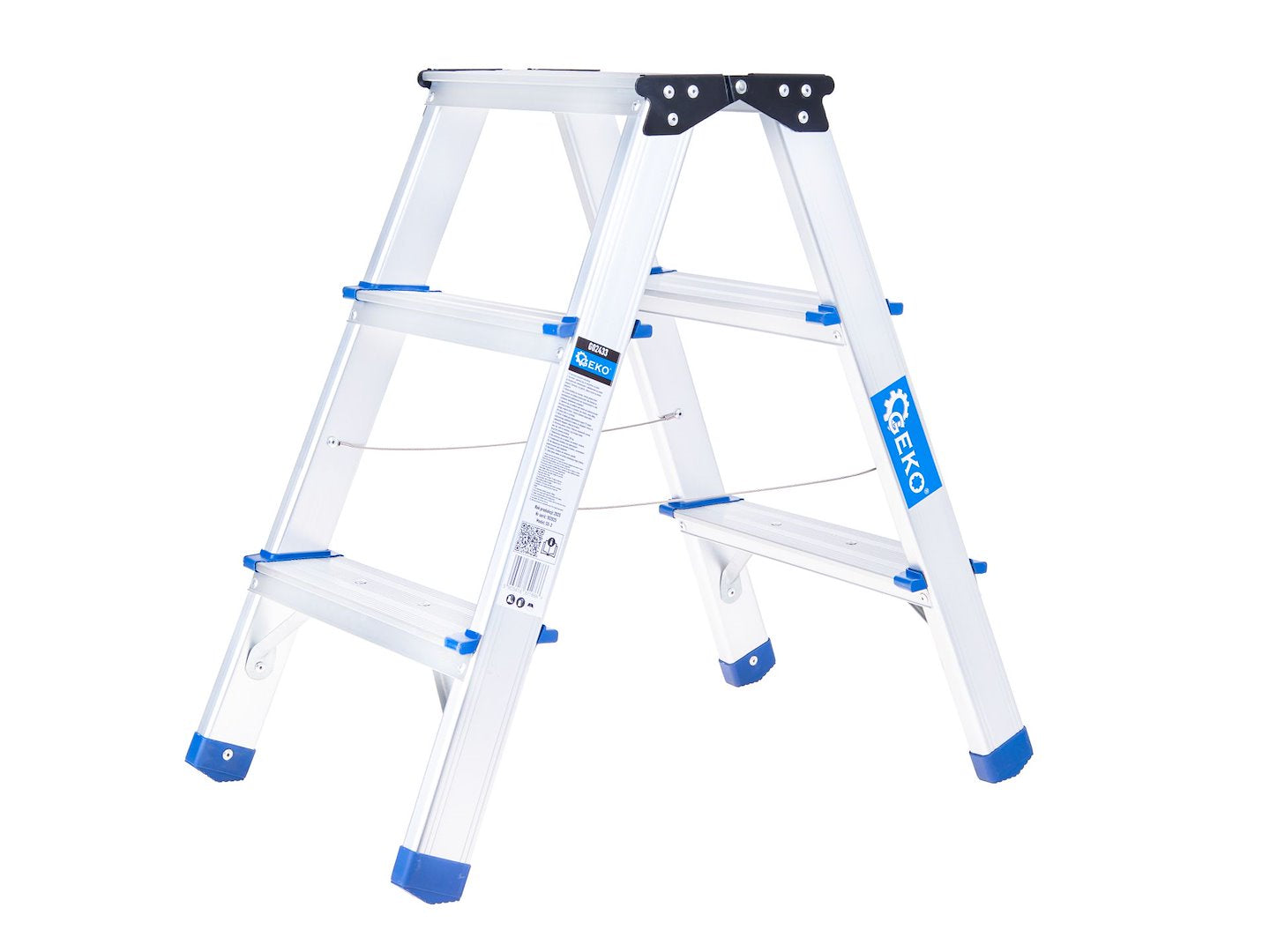 Scara dubla din aluminiu cu 3 trepte, inaltime de lucru 2.19 m, capacitate maxima 150 kg, Geko G02433