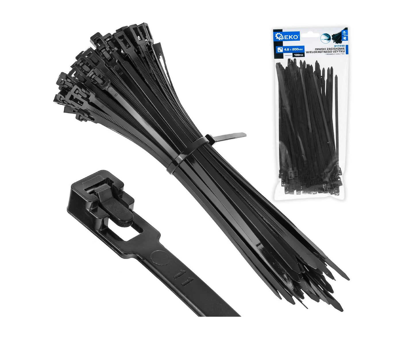 Set legaturi nylon reutilizabile, negru, 4,8x200mm, 100 bucati, Geko G17240