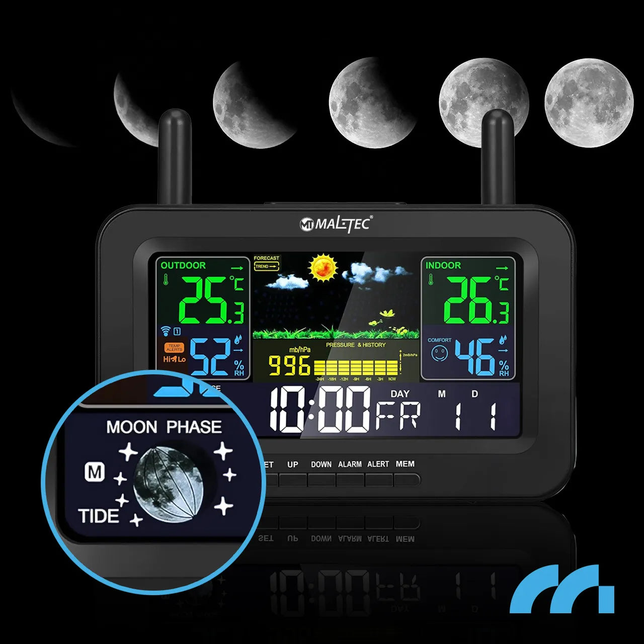 Statie meteo wireless, termometru, barometru, alarma, masurare temperatura, umiditate, negru, MalTec 111979