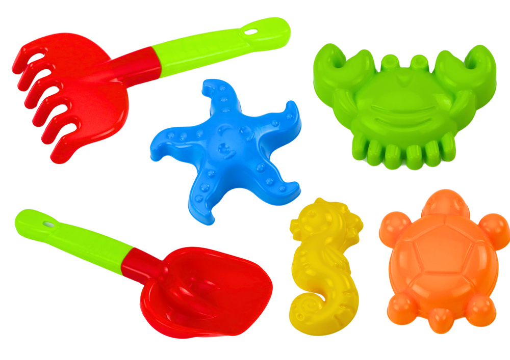 Set jucarii pentru nisip, lopata, grebla, 4 forme, multicolor, 6 elemente, Lean 14563