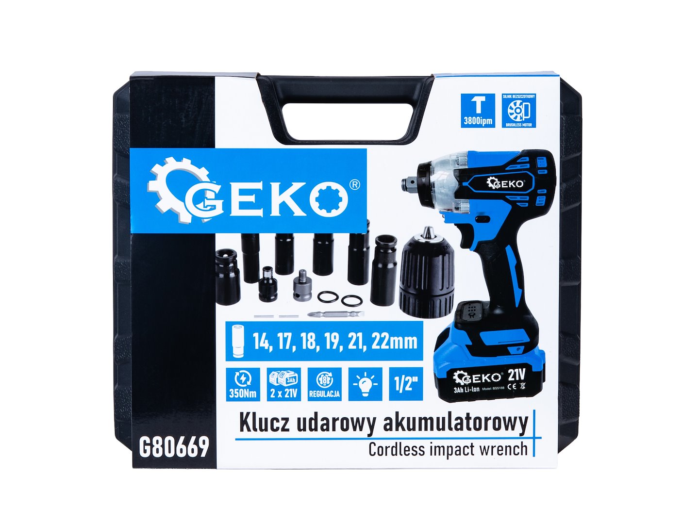 Cheie electrica de impact cu acumulator, 350 Nm, 2x3.0Ah 21V,  Set XXL, Geko G80669