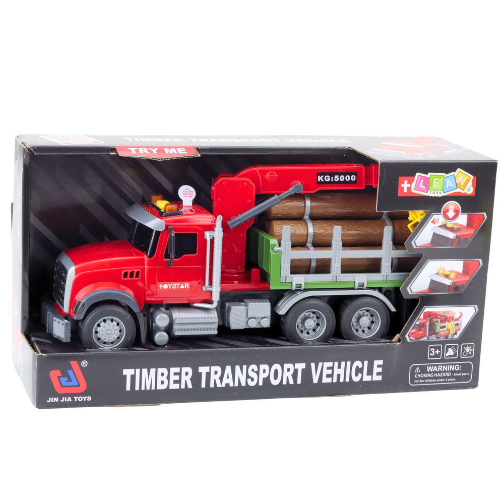 Camion cu macara pentru lemne cu 3 busteni, 31 x 13.5 x 10.5 cm, efecte sonore si luminoase, rosu, Lean 21447