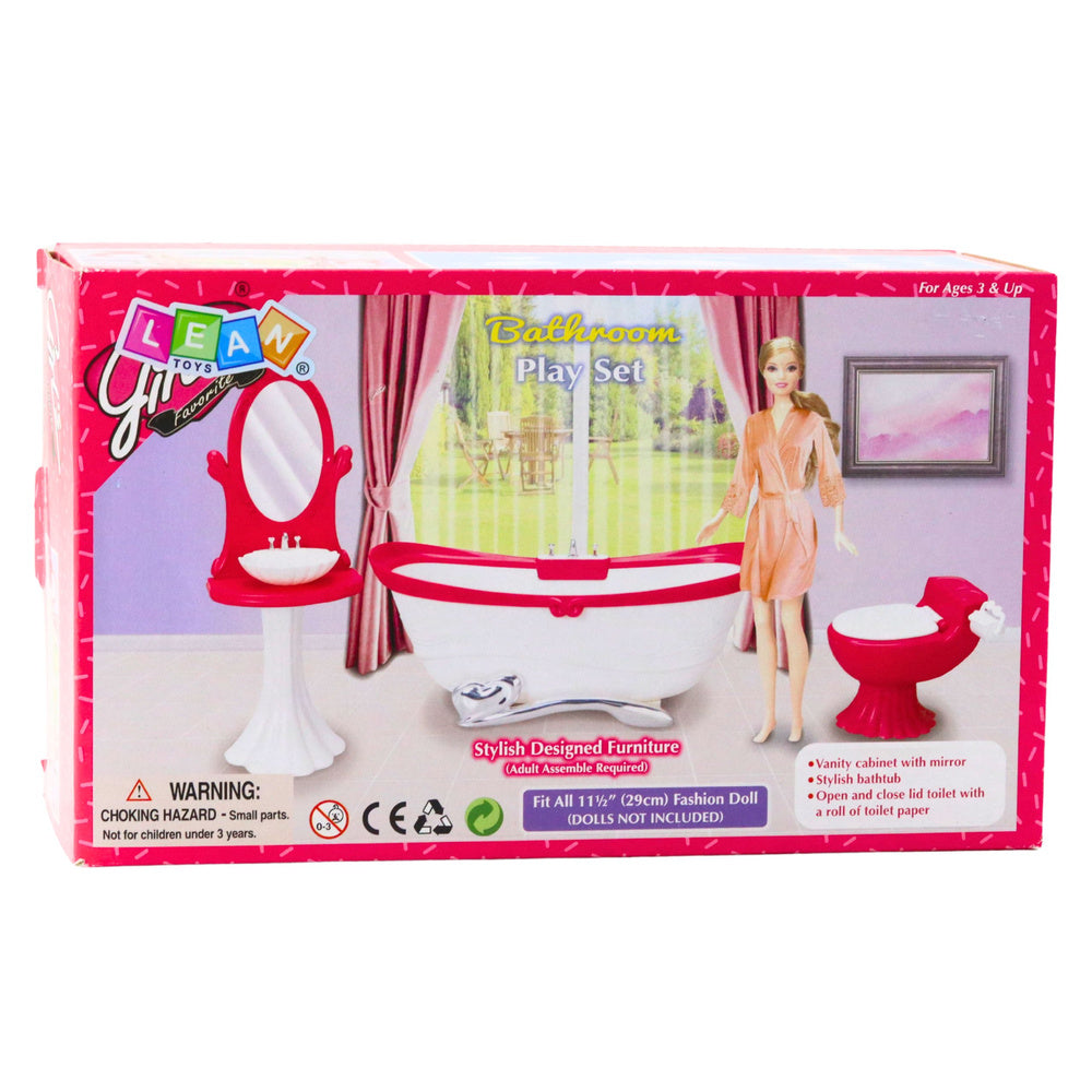 Set de baie pentru papusi, cada, toaleta, chiuveta cu oglinda, roz / alb, 25.5 x 15 x 10.5 cm, Lean 28111