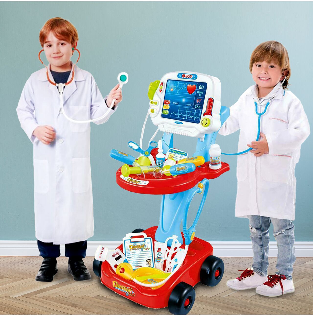 Set medical Little Doctor cu carucior mobil, 17 piese, albastru, MalPlay 104521