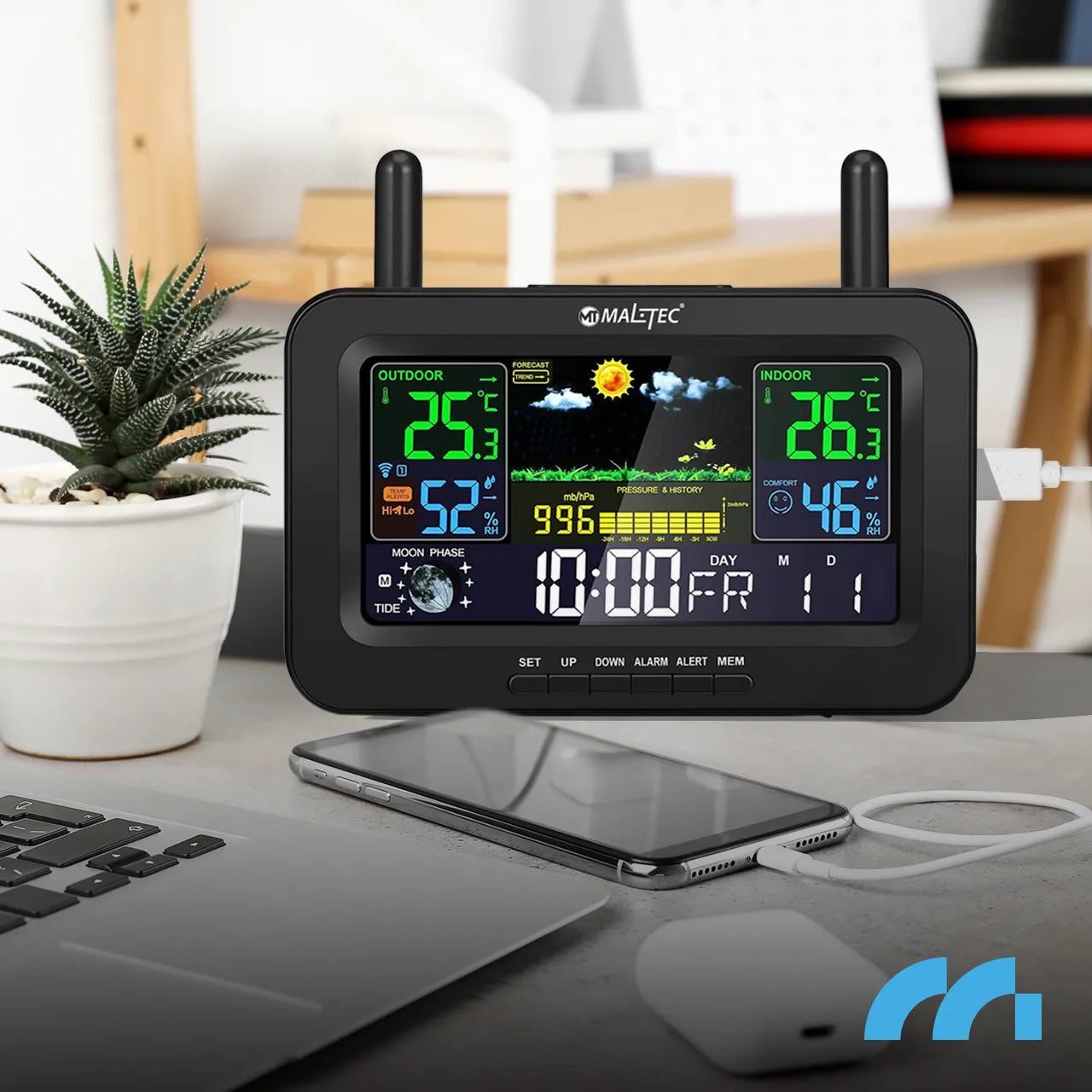 Statie meteo wireless, termometru, barometru, alarma, masurare temperatura, umiditate, negru, MalTec 111979