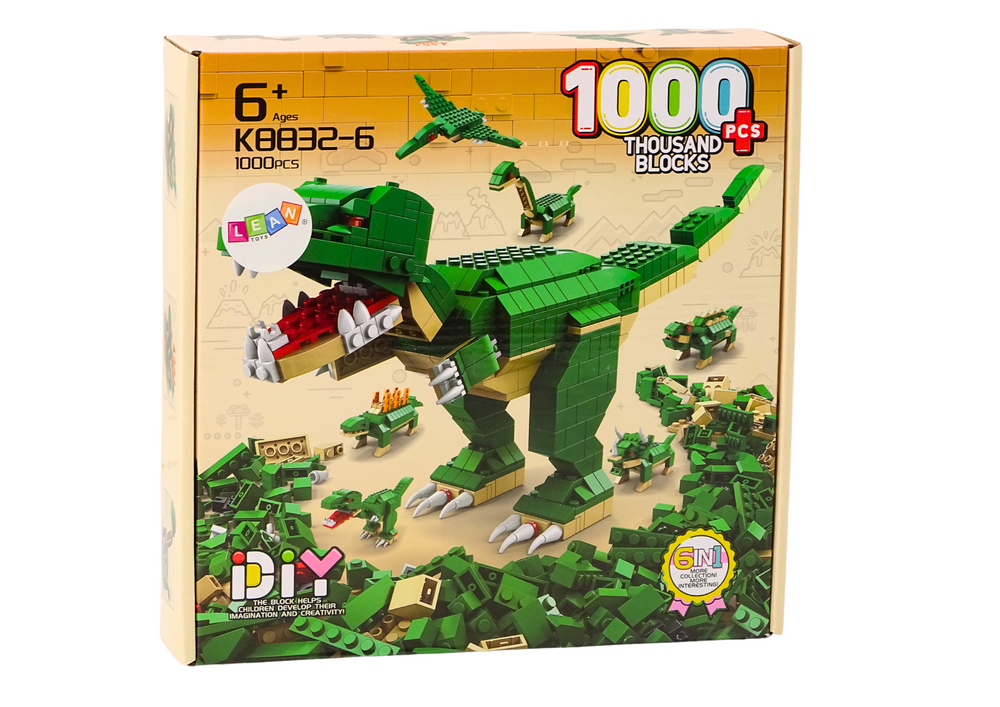 Set de constructii dinozauri 6 in 1, 1000 piese, 28 x 28 x 6 cm, Lean 18319