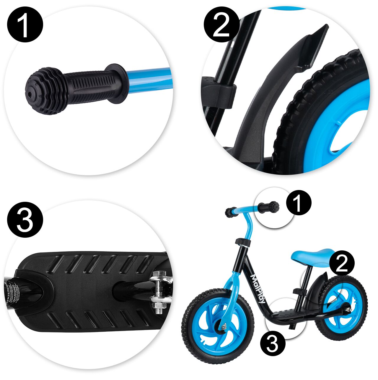 Bicicleta pentru copii fara pedale, roti EVA, 12", negru / albastru, MalPlay 111340