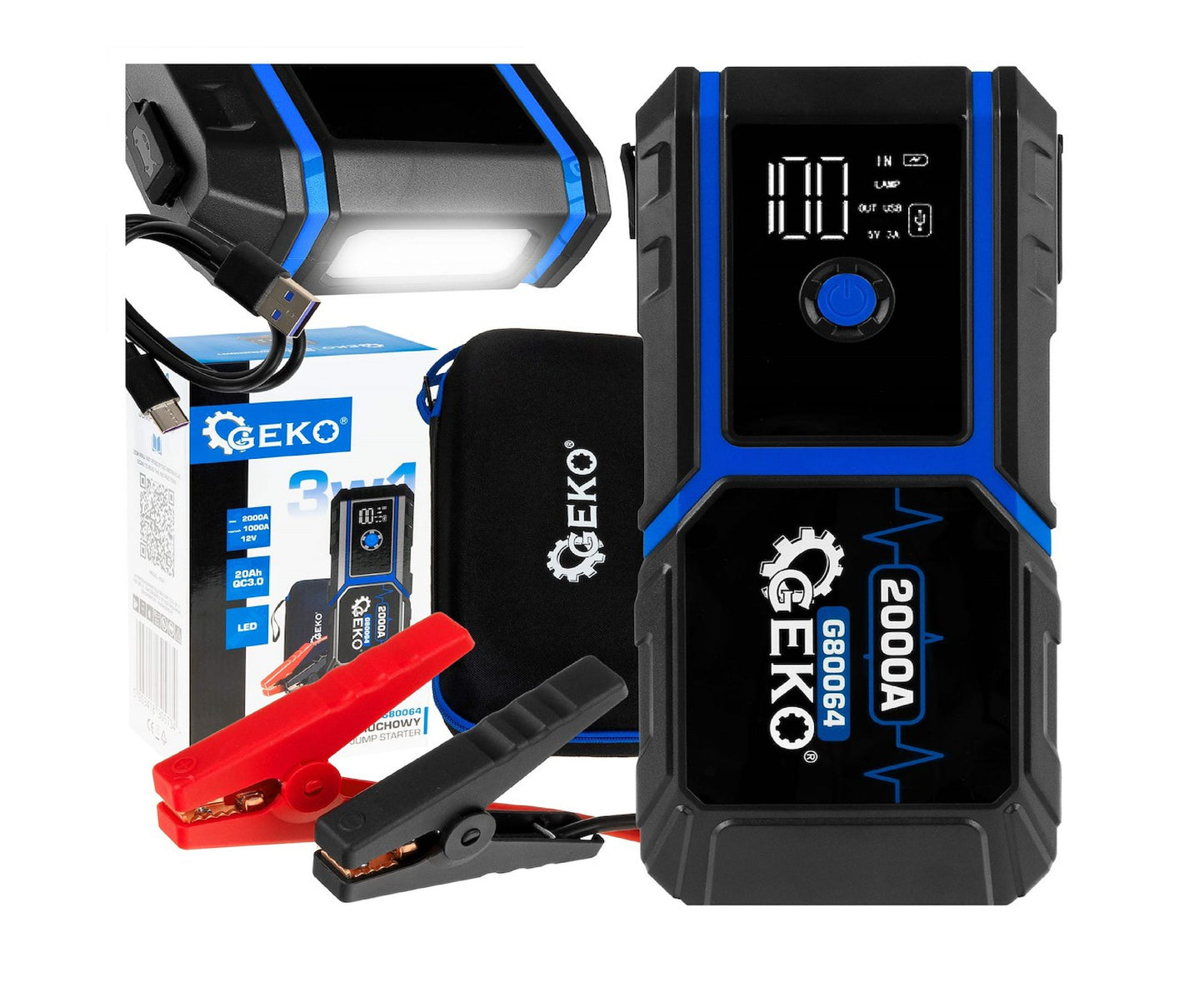 Jump starter baterie auto, 20000mAh 1000A LED QC3.0 12V, Geko G80064