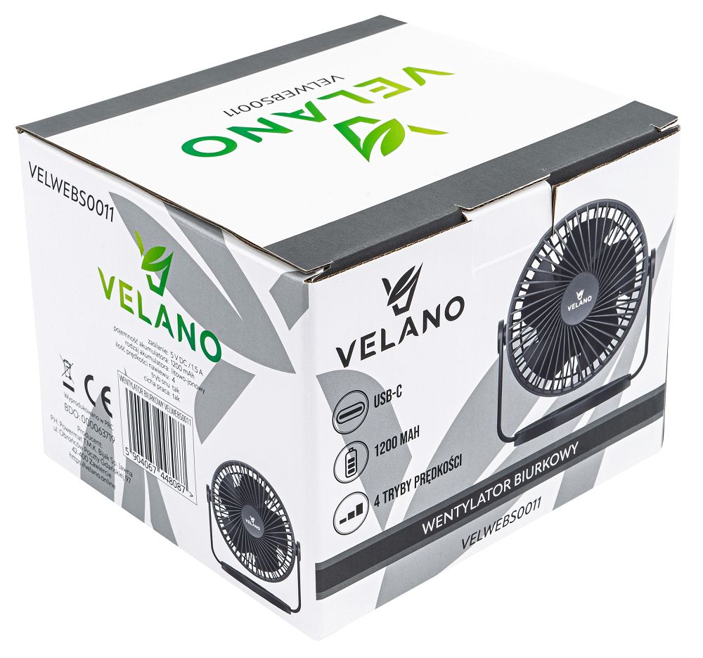 Ventilator de birou cu baterii Velano, negru, 1200 mAh, Powermat VELWEBS0011