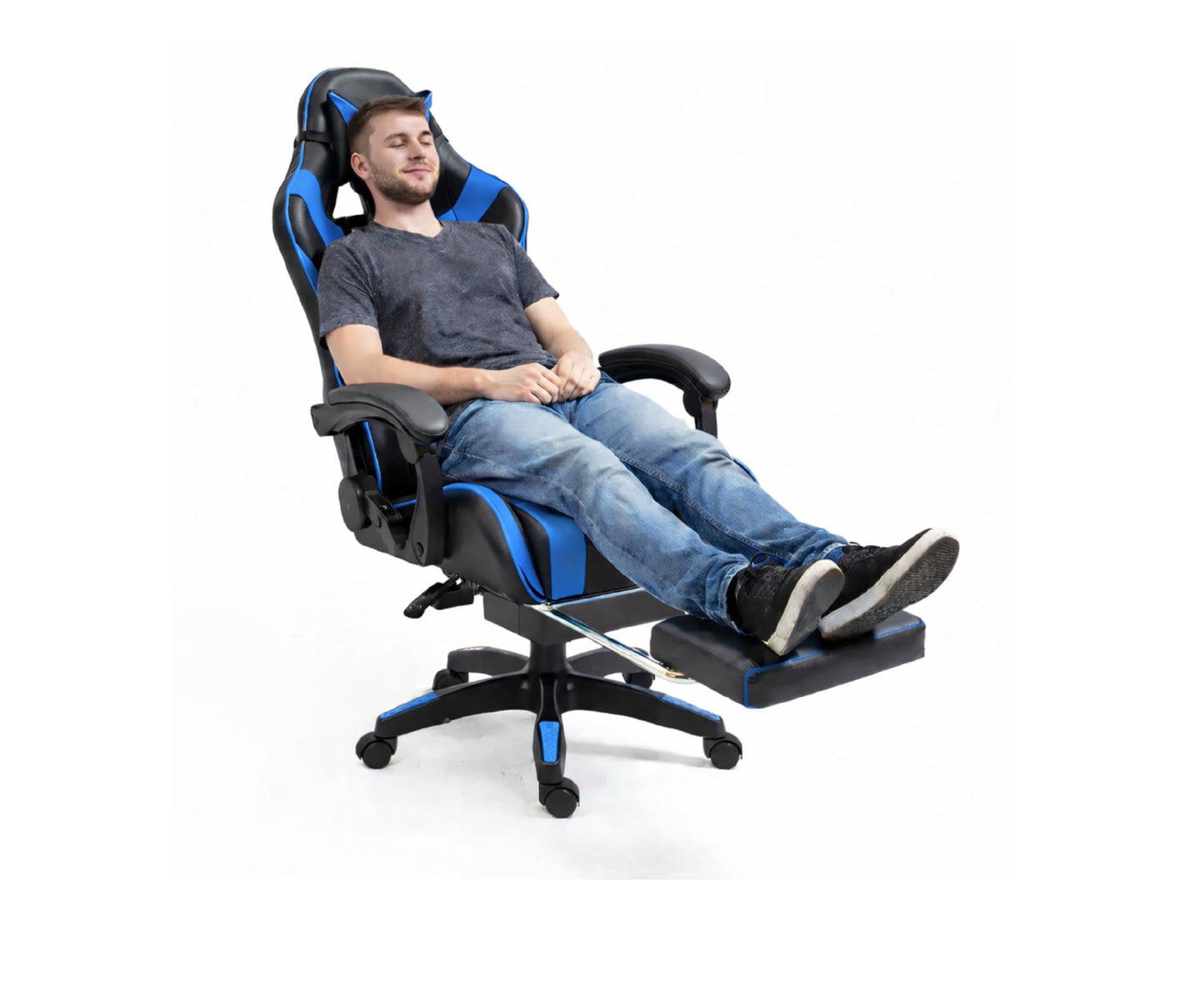 Scaun pentru gaming rotativ cu suport pentru picioare, negru / albastru, Lean 30555