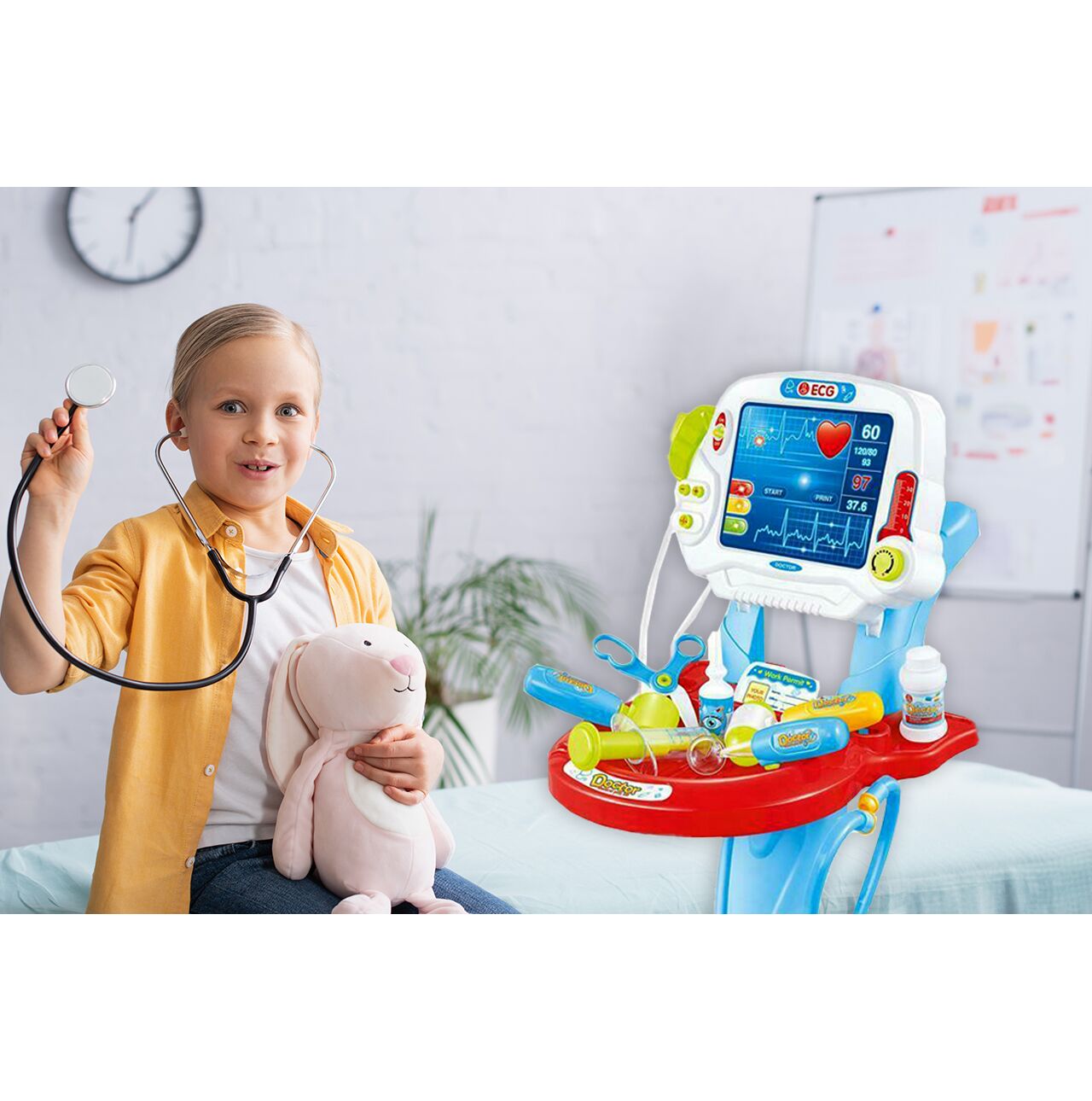 Set medical Little Doctor cu carucior mobil, 17 piese, albastru, MalPlay 104521