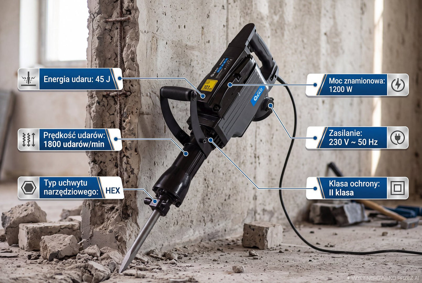 Ciocan demolator profesional, 1200W, forta de impact 45J, prindere HEX 30 mm, cu dalta, spit si valiza de transport, Geko G80850