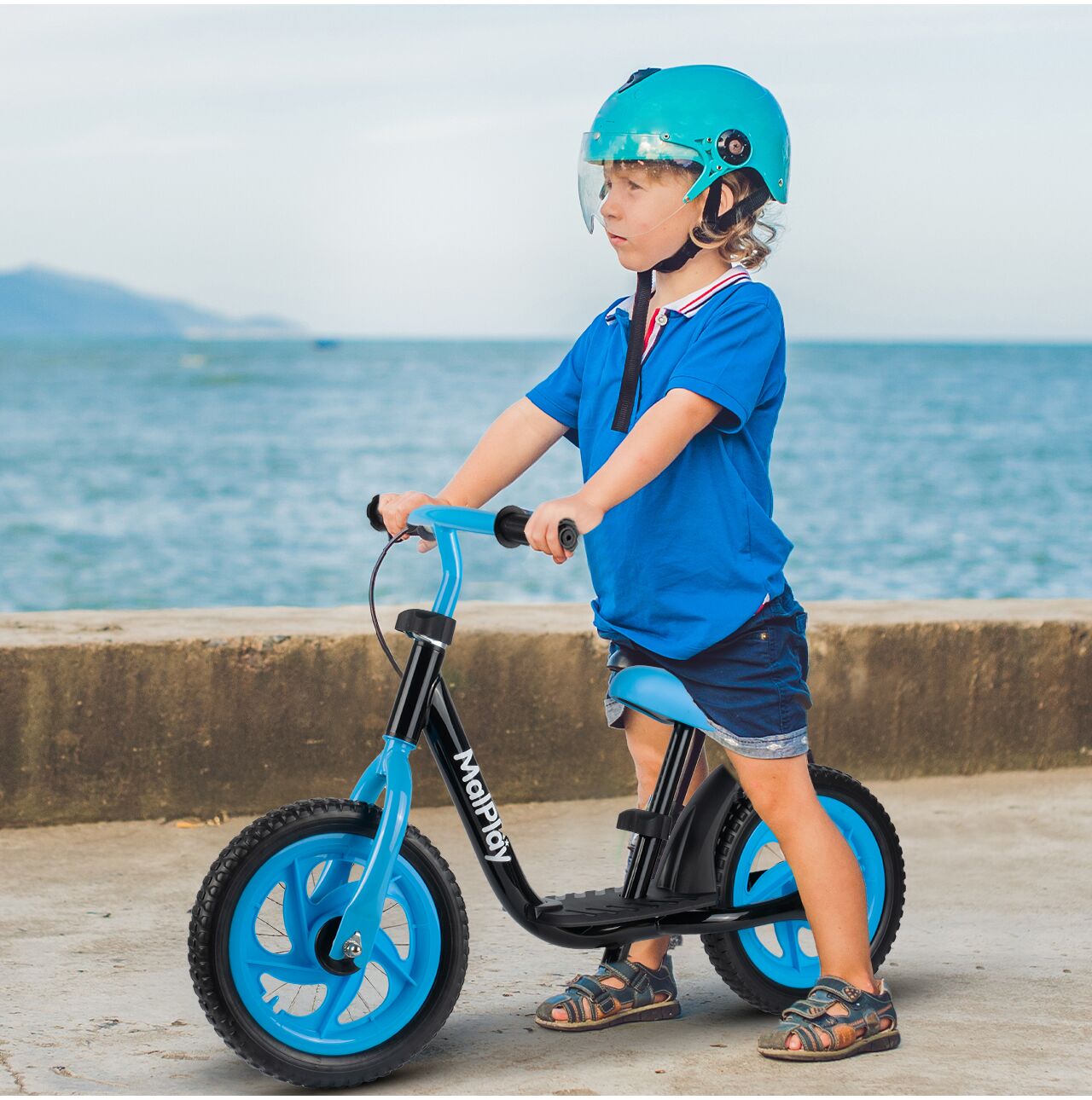 Bicicleta pentru copii fara pedale, roti EVA, 12", negru / albastru, MalPlay 111340