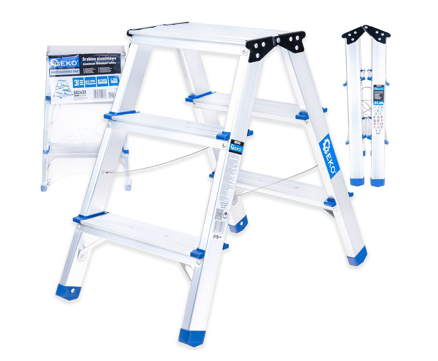 Scara dubla din aluminiu cu 3 trepte, inaltime de lucru 2.19 m, capacitate maxima 150 kg, Geko G02433