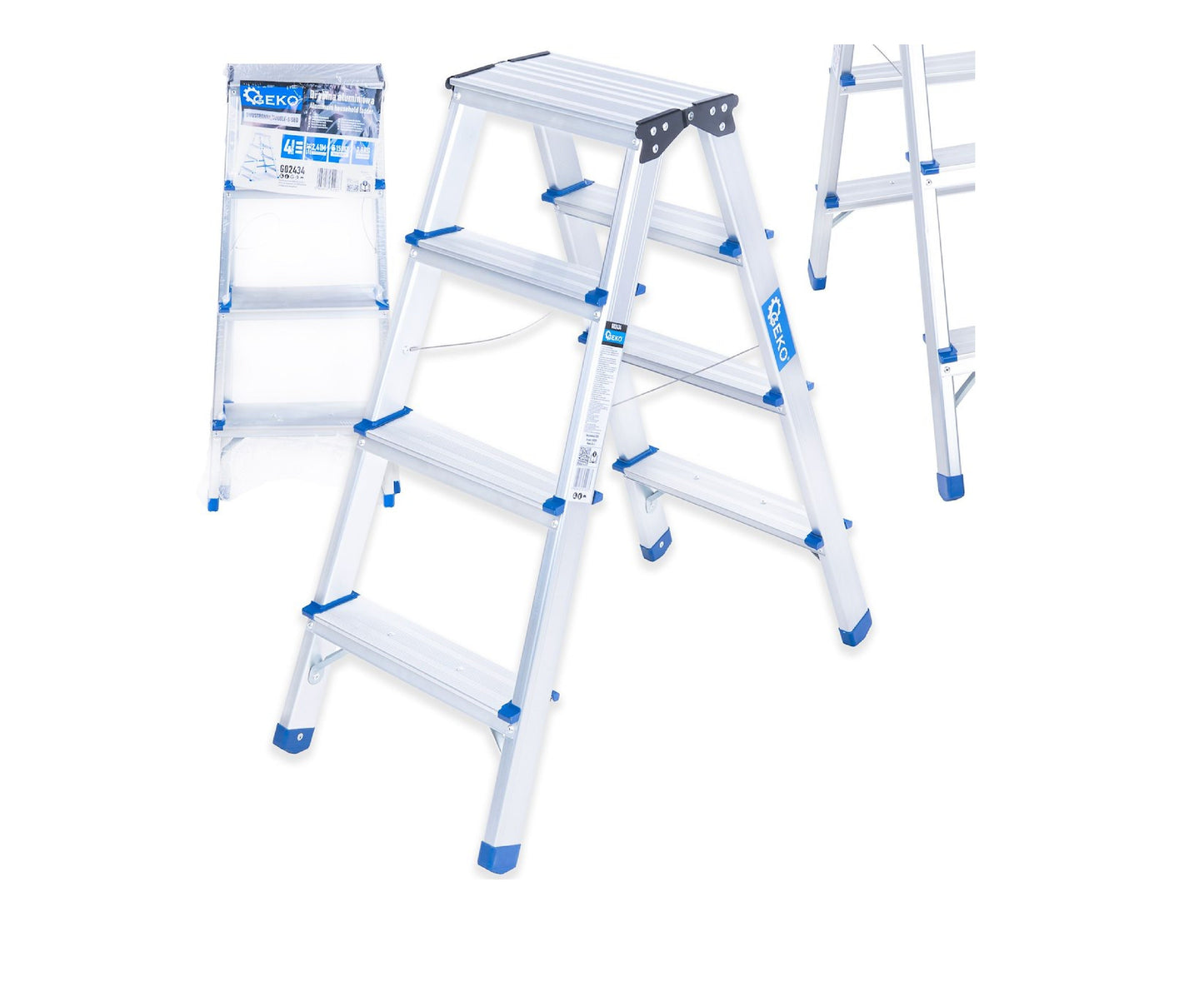 Scara dubla din aluminiu cu 4 trepte, inaltime de lucru 2.41 m, capacitate maxima 150 kg, Geko G02434