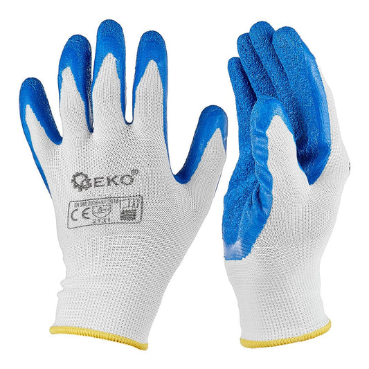 Manusi de protectie din poliester si acoperite cu latex, marimea 8, alb / albastru, Geko G75047