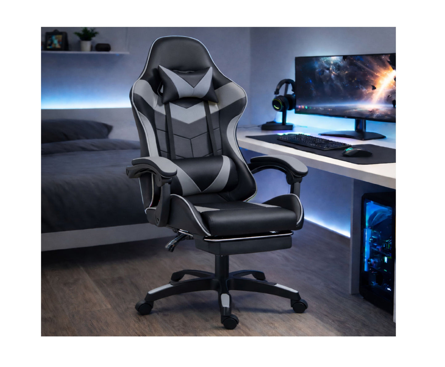 Scaun pentru gaming rotativ cu suport pentru picioare, negru / gri, Lean 30556