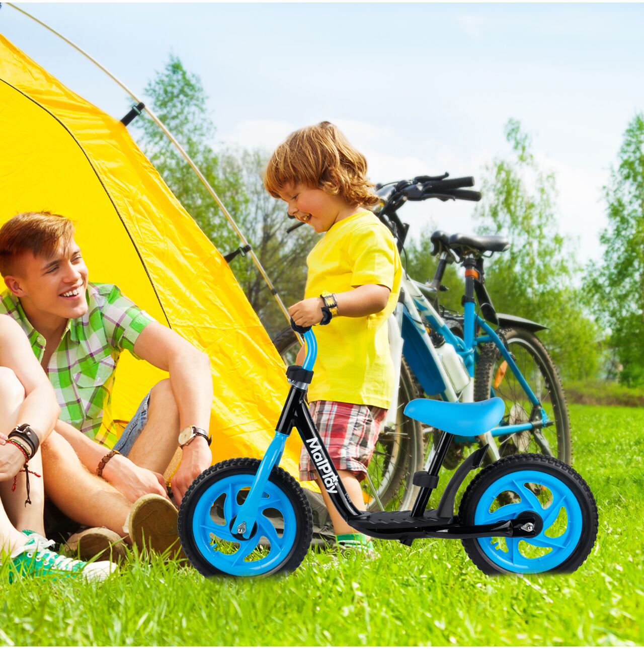 Bicicleta pentru copii fara pedale, roti EVA, 12", negru / albastru, MalPlay 111340