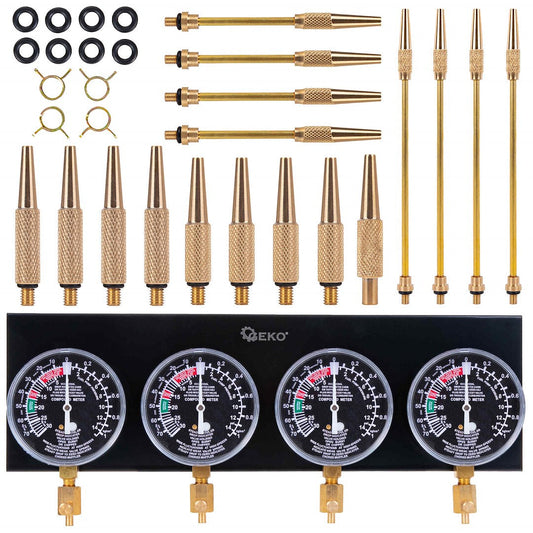 Kit tester si sincronizare carburatoare, set 4 manometre, 26 elemente, Geko G30071