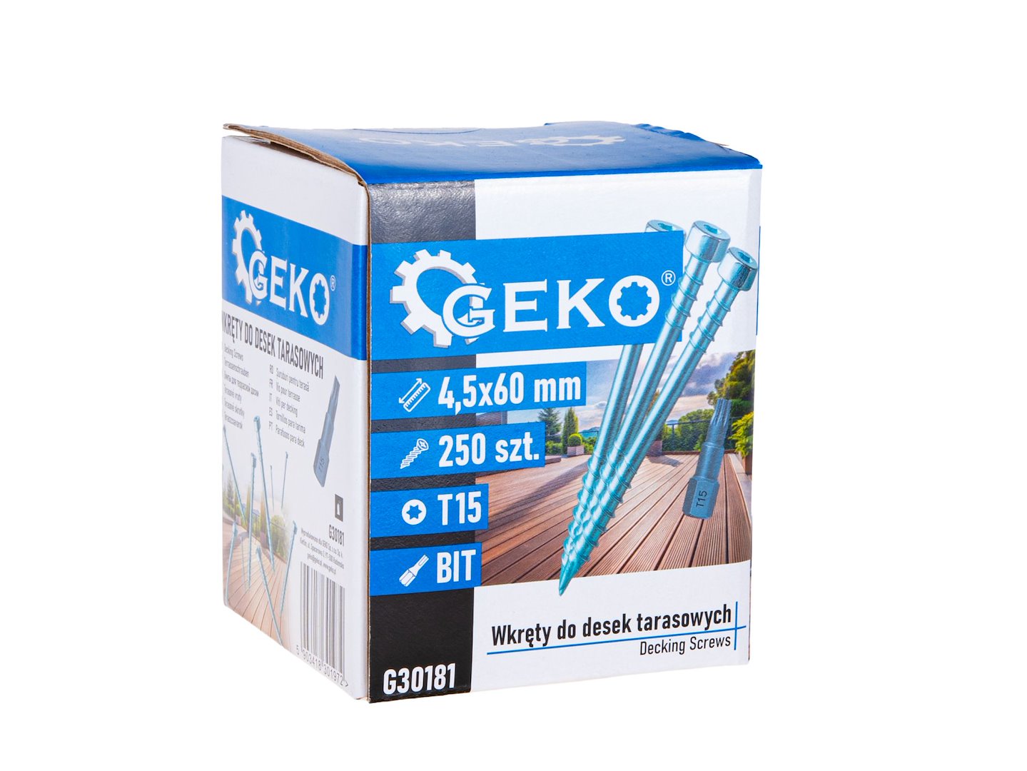 Set suruburi pentru terasa, 4.5 mm x 60 mm, bit T15, 250 bucati, Geko G30181
