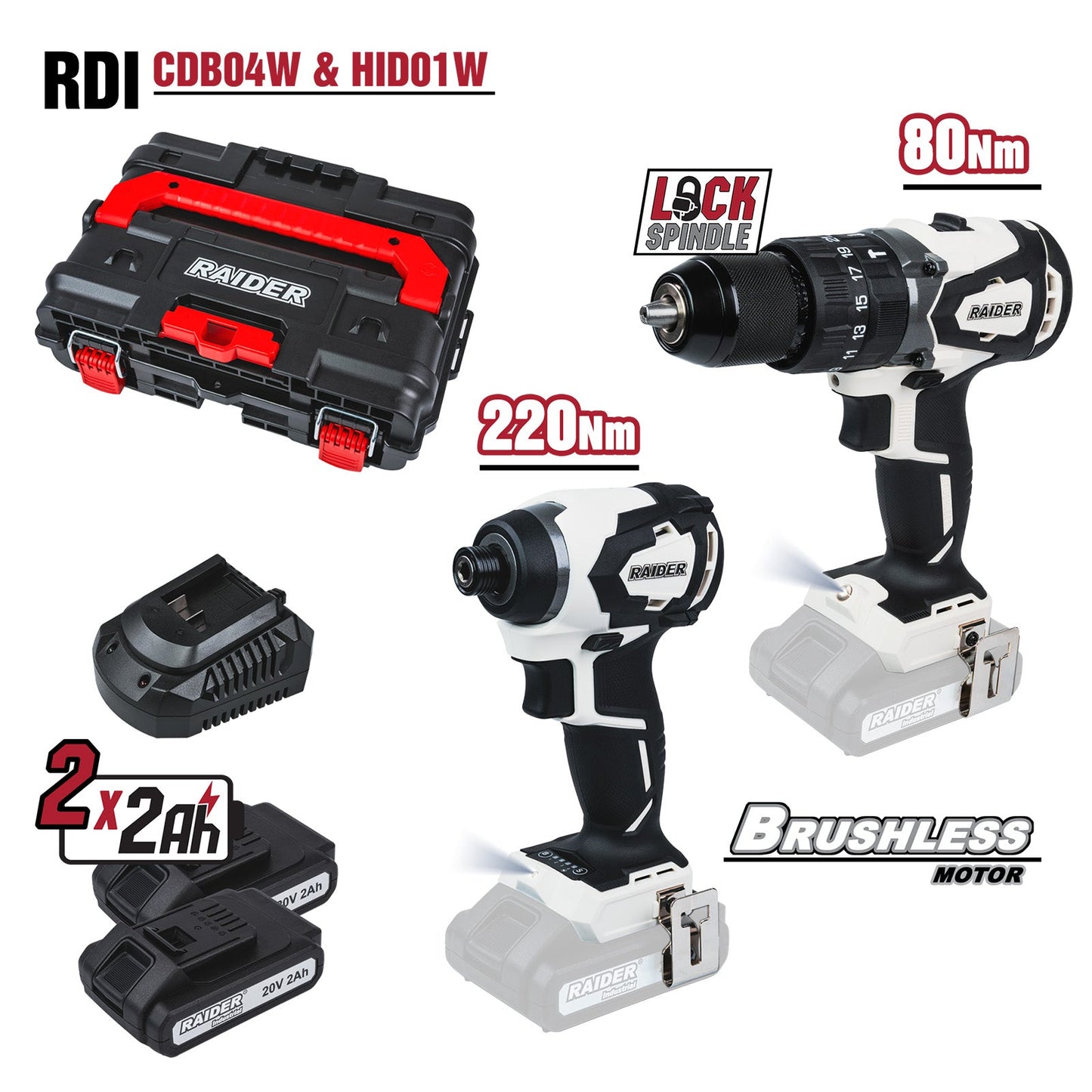 Set surubelnita cu impact brushless RDI-CDB04W si HID01W, 2 x 2Ah, Raider 011504